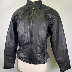 Vintage 90s LG Cambridge Black Leather Moto Biker Crop Jacket Womens M/L *SMOKER